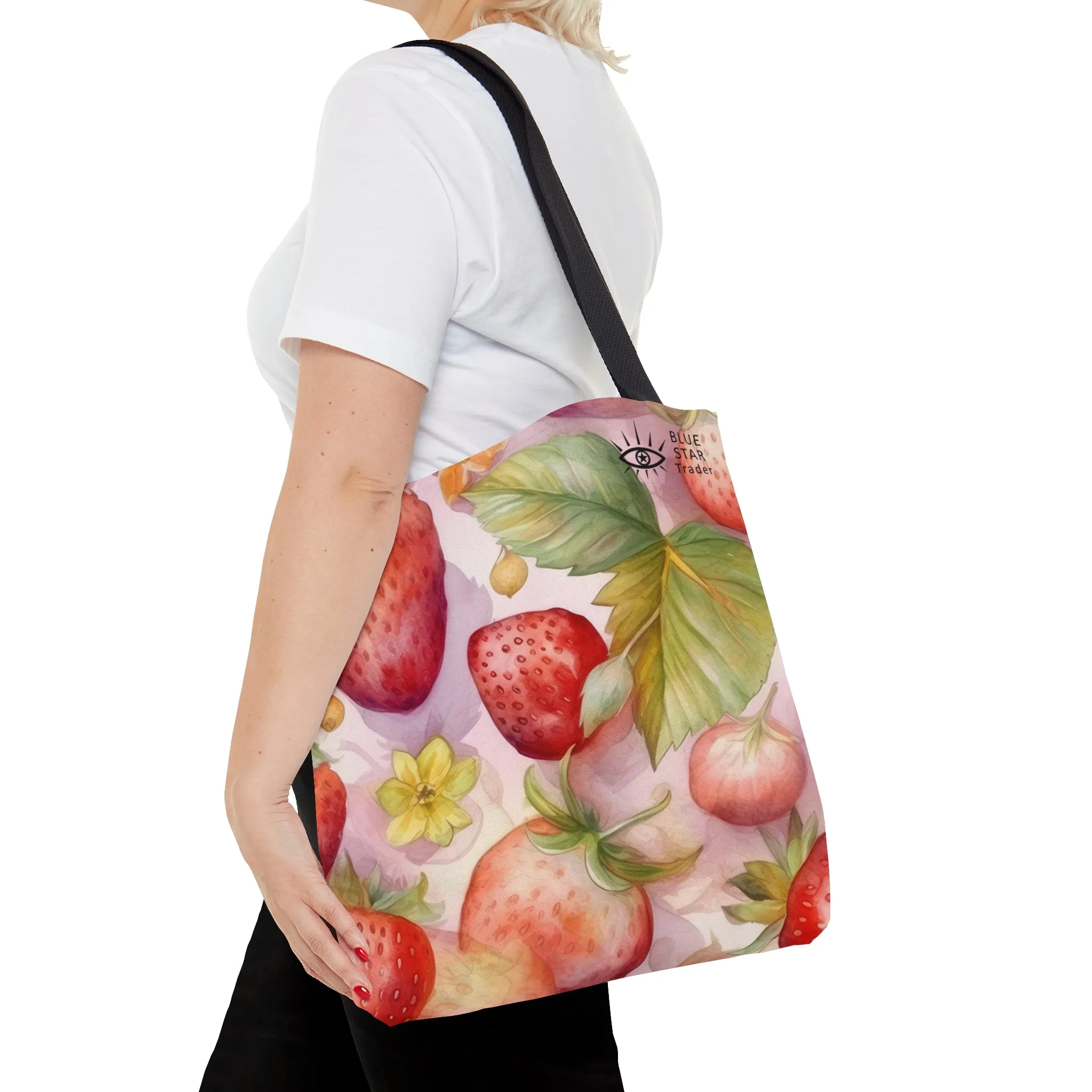 Cute Pink Strawberries Tote Bag, Polyester Canvas Tote Bag
