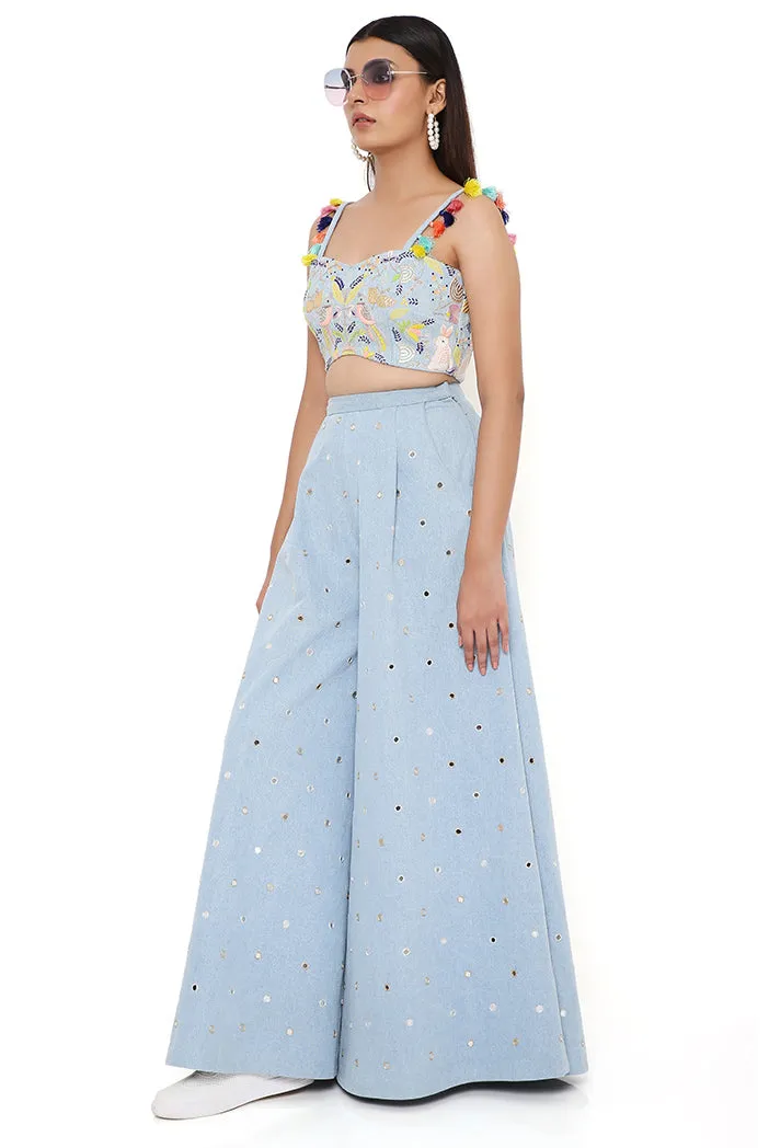 DENIM EMBROIDERED BUSTIER WITH FLARED PANTS