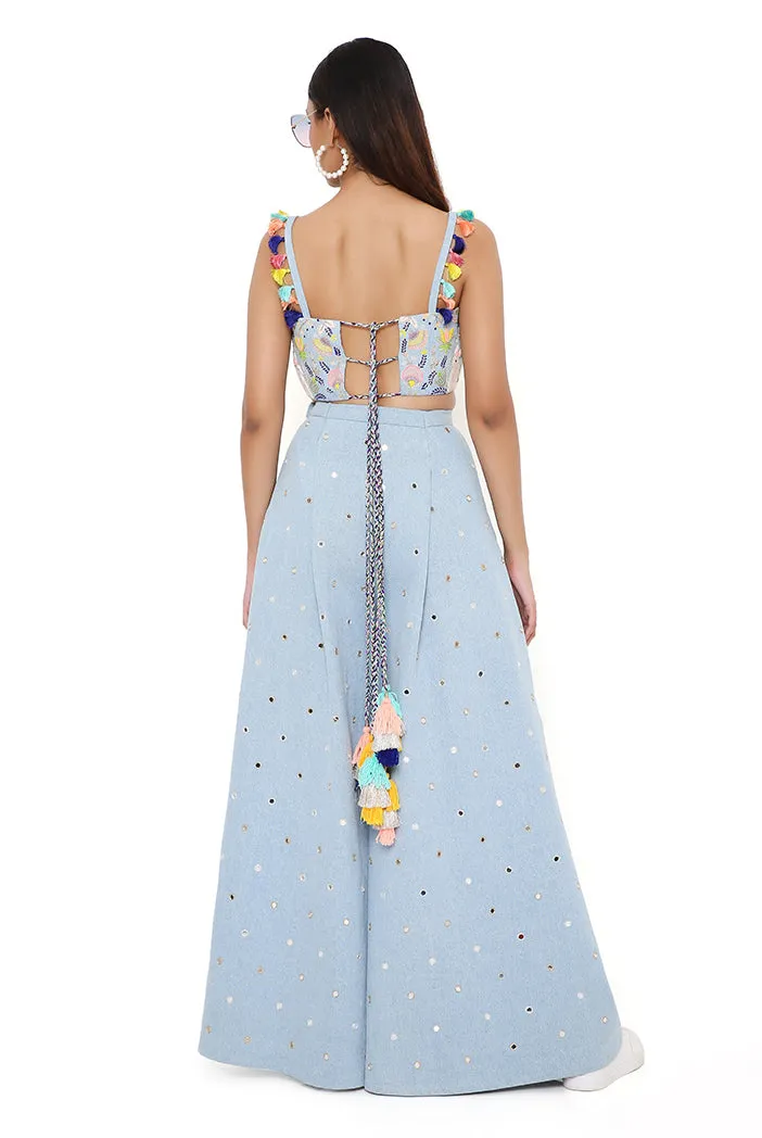 DENIM EMBROIDERED BUSTIER WITH FLARED PANTS