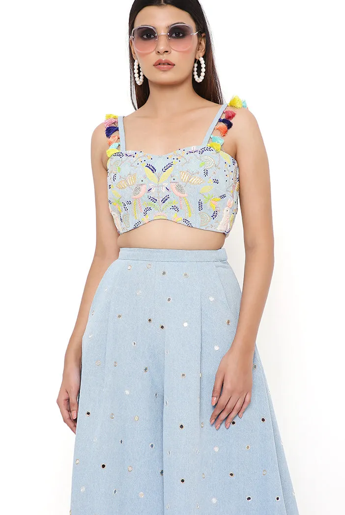 DENIM EMBROIDERED BUSTIER WITH FLARED PANTS