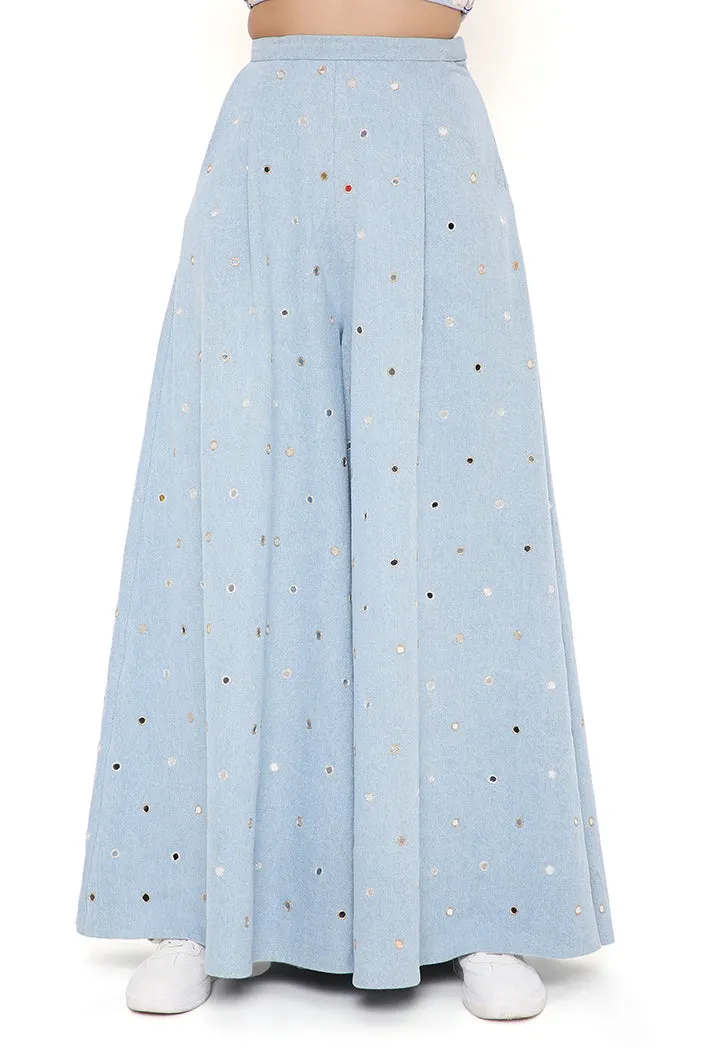 DENIM EMBROIDERED BUSTIER WITH FLARED PANTS