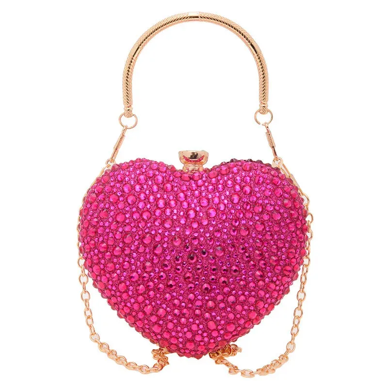 Designer Luxury Diamond Heart-shaped Bag Red Rhinestone Evening Clutch Purse Female Wedding Handbag Woman Chain Shoulder Bags