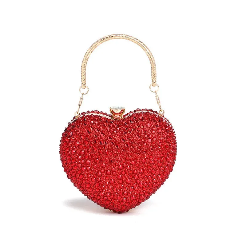 Designer Luxury Diamond Heart-shaped Bag Red Rhinestone Evening Clutch Purse Female Wedding Handbag Woman Chain Shoulder Bags