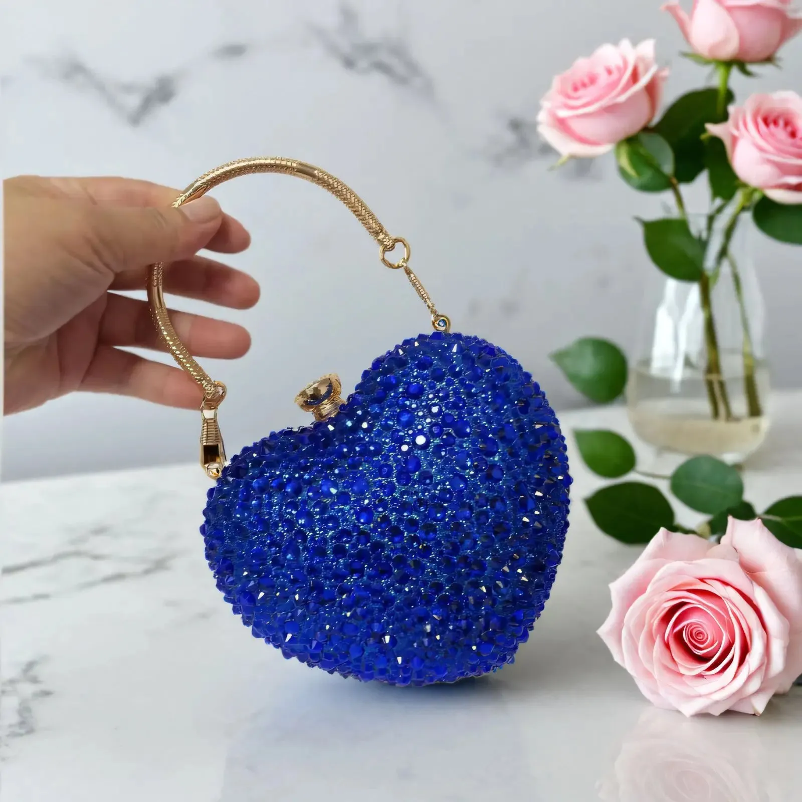 Designer Luxury Diamond Heart-shaped Bag Red Rhinestone Evening Clutch Purse Female Wedding Handbag Woman Chain Shoulder Bags