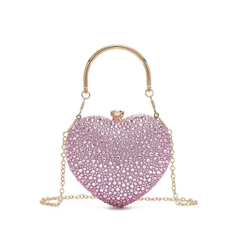 Designer Luxury Diamond Heart-shaped Bag Red Rhinestone Evening Clutch Purse Female Wedding Handbag Woman Chain Shoulder Bags