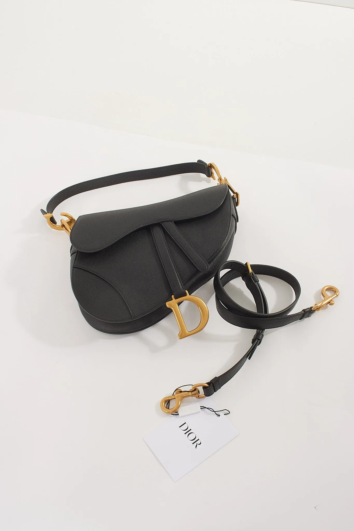 Dior Black Grained Calfskin Saddle Bag with Strap GHW