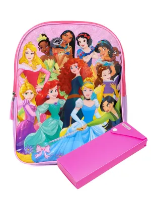 Disney Princesses Backpack 15" Mulan Ariel Belle & Pencil Case Set
