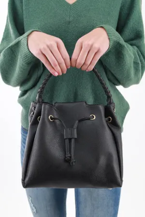 Drawstring Hobo Handbag -Black