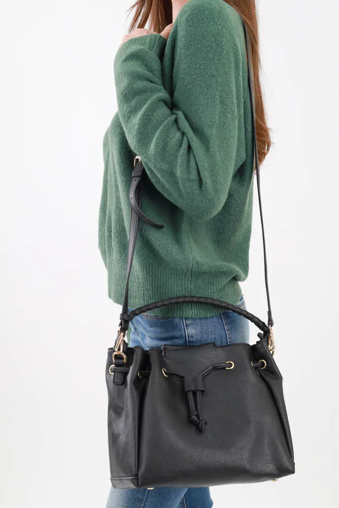 Drawstring Hobo Handbag -Black