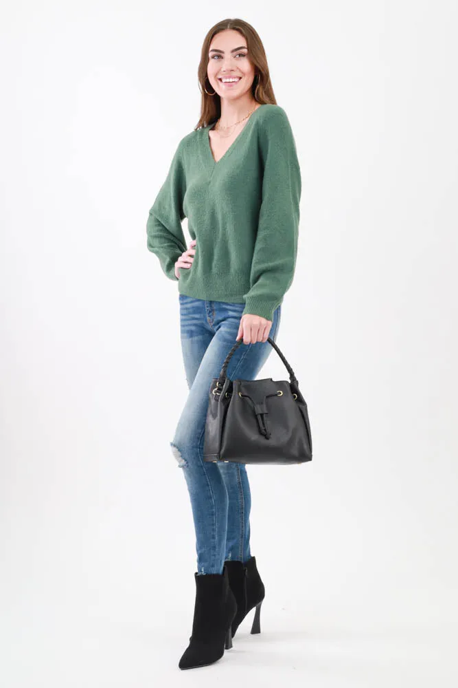 Drawstring Hobo Handbag -Black