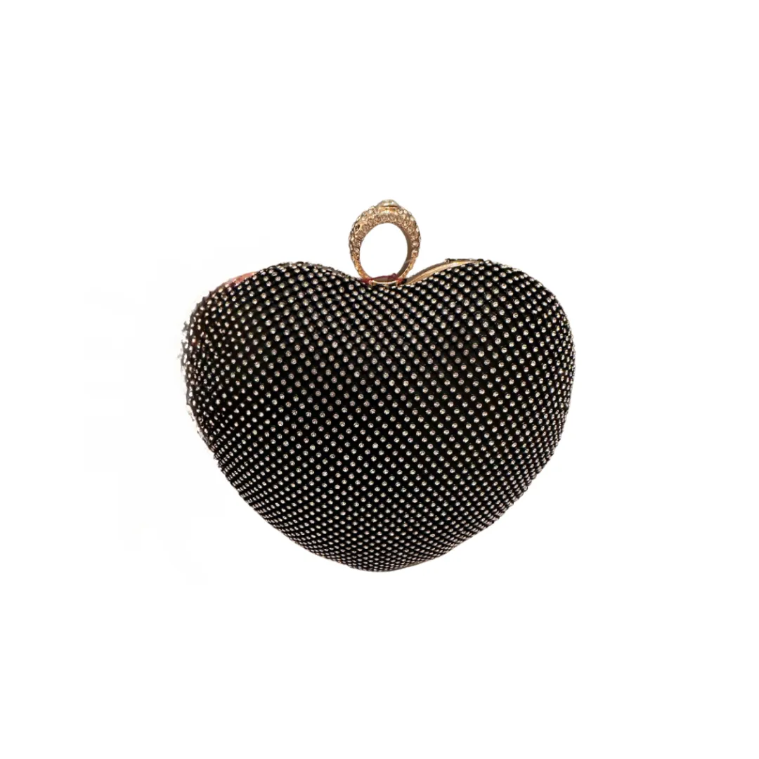 EMBELLISHED RHINESTONED SATIN HEART SHAPED CLUTCH