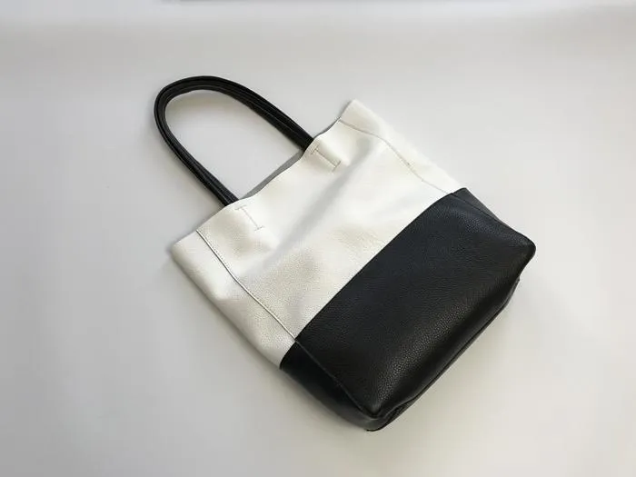 Fashion Womens White Black Leather Vertical Tote Bags White Black Shoulder Tote Bag Handbag Tote For Women