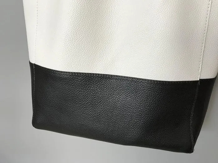 Fashion Womens White Black Leather Vertical Tote Bags White Black Shoulder Tote Bag Handbag Tote For Women
