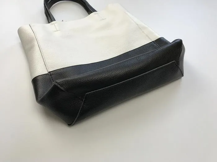 Fashion Womens White Black Leather Vertical Tote Bags White Black Shoulder Tote Bag Handbag Tote For Women