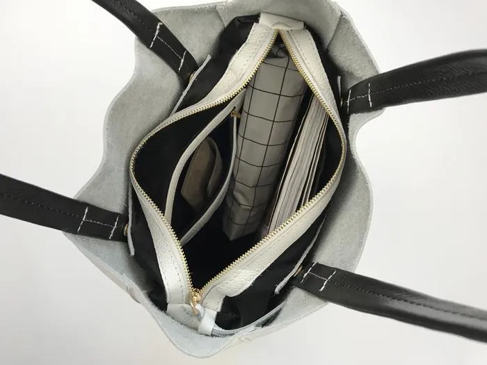 Fashion Womens White Black Leather Vertical Tote Bags White Black Shoulder Tote Bag Handbag Tote For Women