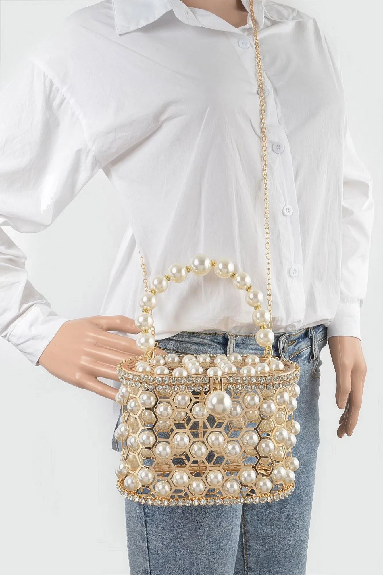 Faux Pearl Mesh Party Clutch