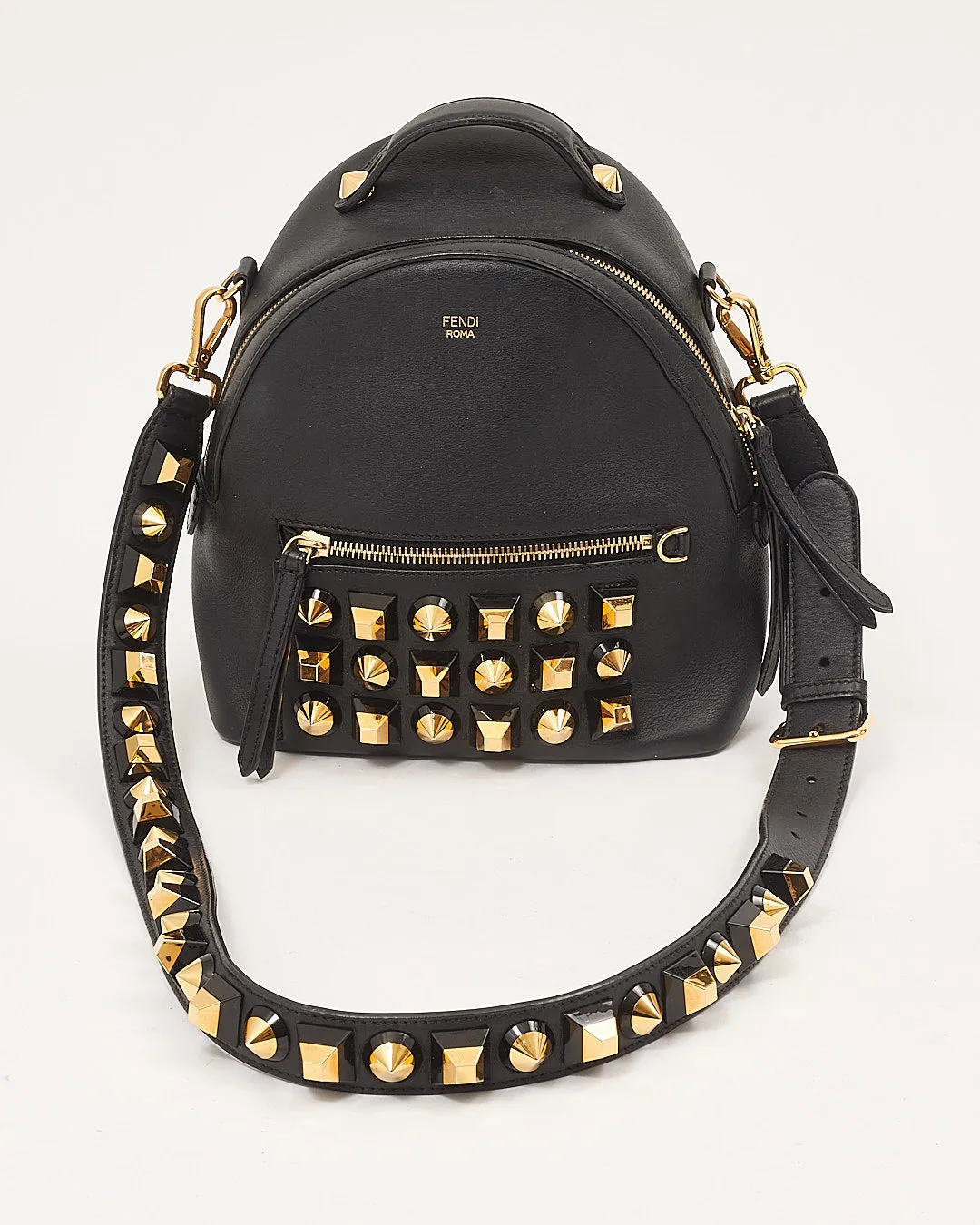 Fendi Black Leather Pyramid Studded Backpack Style Shoulder Bag