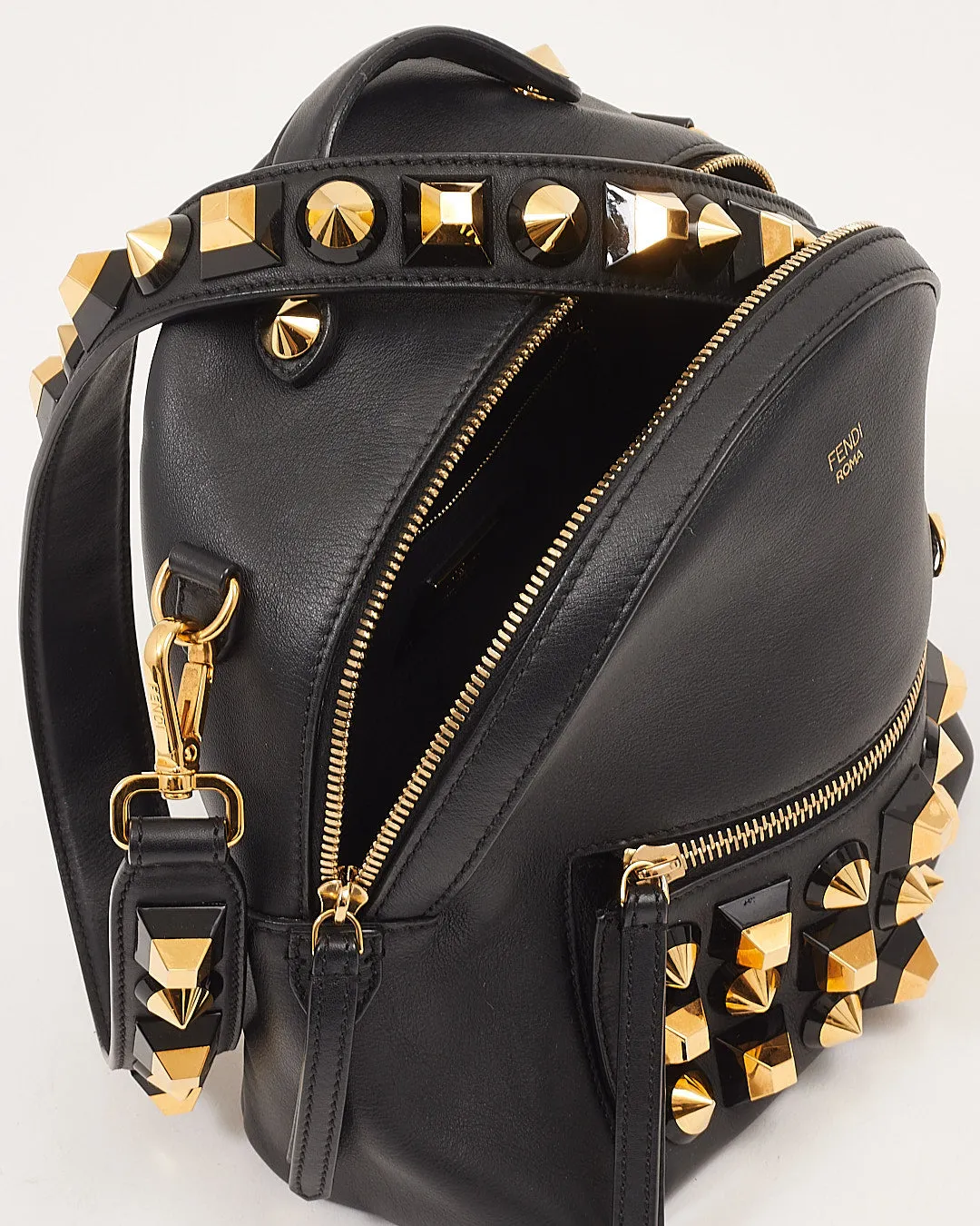 Fendi Black Leather Pyramid Studded Backpack Style Shoulder Bag