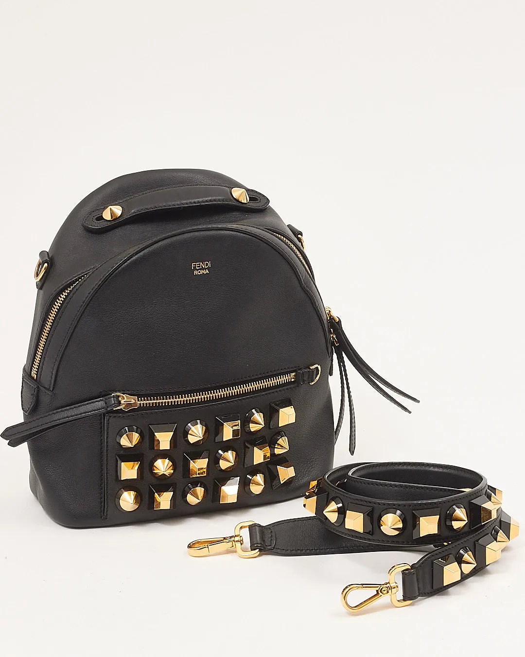 Fendi Black Leather Pyramid Studded Backpack Style Shoulder Bag