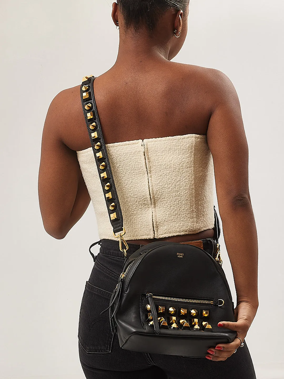 Fendi Black Leather Pyramid Studded Backpack Style Shoulder Bag
