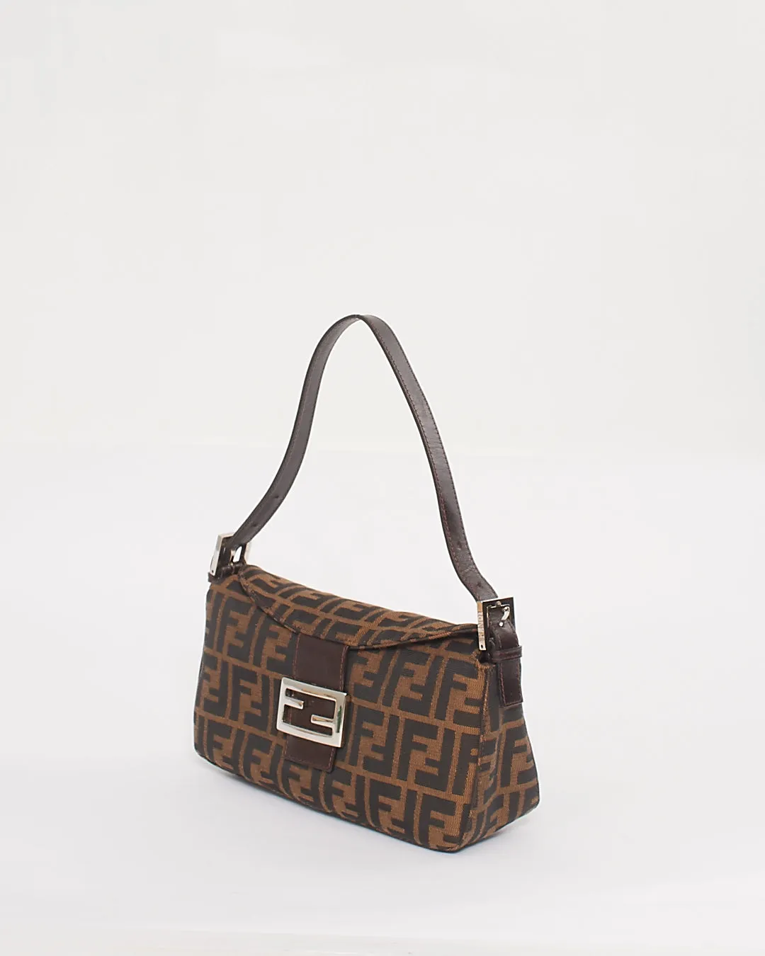 Fendi Tobacco Zucca Fold Over Baguette Shoulder Bag