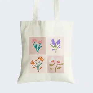 Flower Illustrations Tote Bag With Zipper