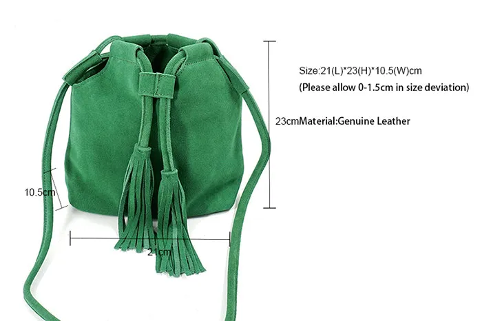 Genuine Leather Small Bucket Shoulder Ibiza Suede Fringe Green Crossbody Bag