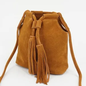 Genuine Leather Small Bucket Shoulder Ibiza Suede Fringe Green Crossbody Bag