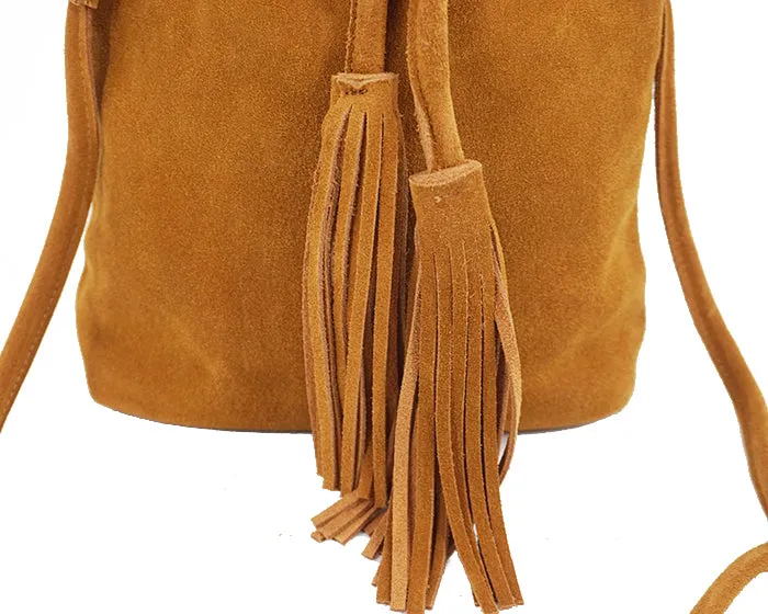 Genuine Leather Small Bucket Shoulder Ibiza Suede Fringe Green Crossbody Bag