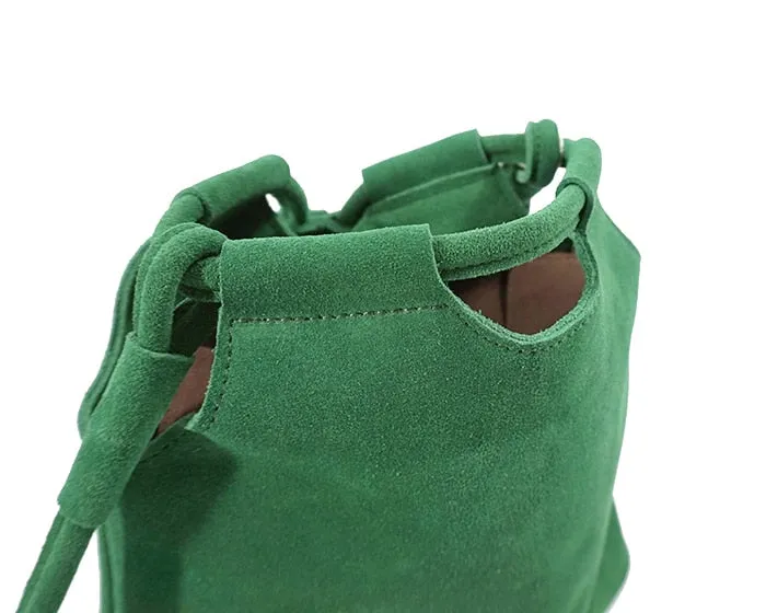 Genuine Leather Small Bucket Shoulder Ibiza Suede Fringe Green Crossbody Bag