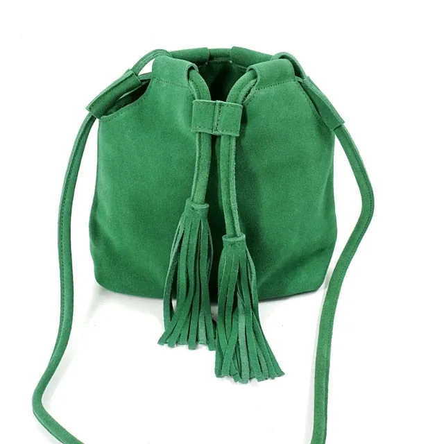 Genuine Leather Small Bucket Shoulder Ibiza Suede Fringe Green Crossbody Bag