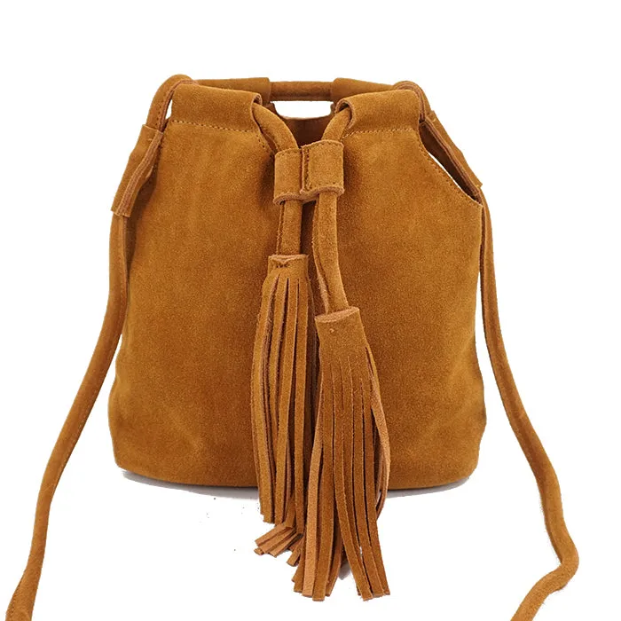 Genuine Leather Small Bucket Shoulder Ibiza Suede Fringe Green Crossbody Bag