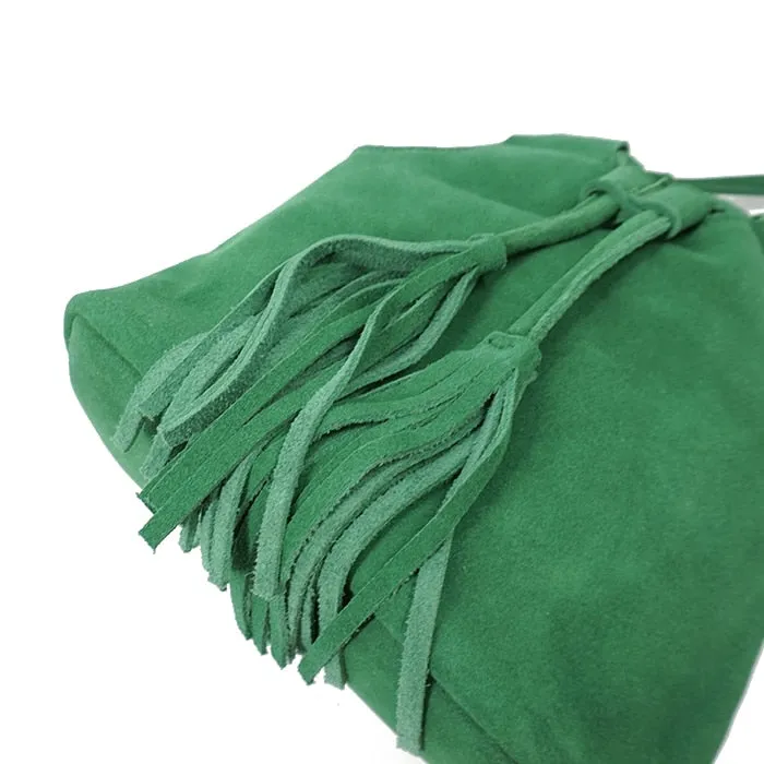 Genuine Leather Small Bucket Shoulder Ibiza Suede Fringe Green Crossbody Bag