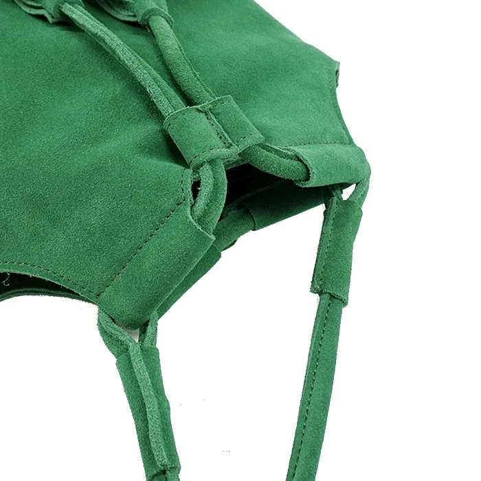 Genuine Leather Small Bucket Shoulder Ibiza Suede Fringe Green Crossbody Bag