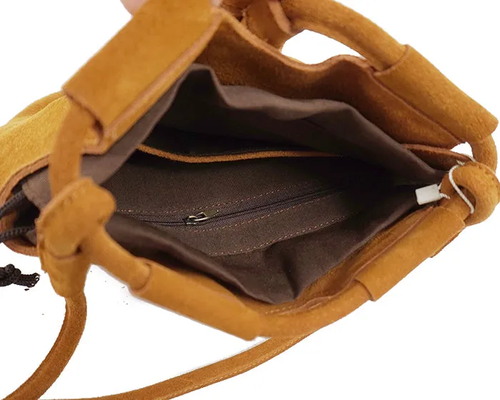 Genuine Leather Small Bucket Shoulder Ibiza Suede Fringe Green Crossbody Bag