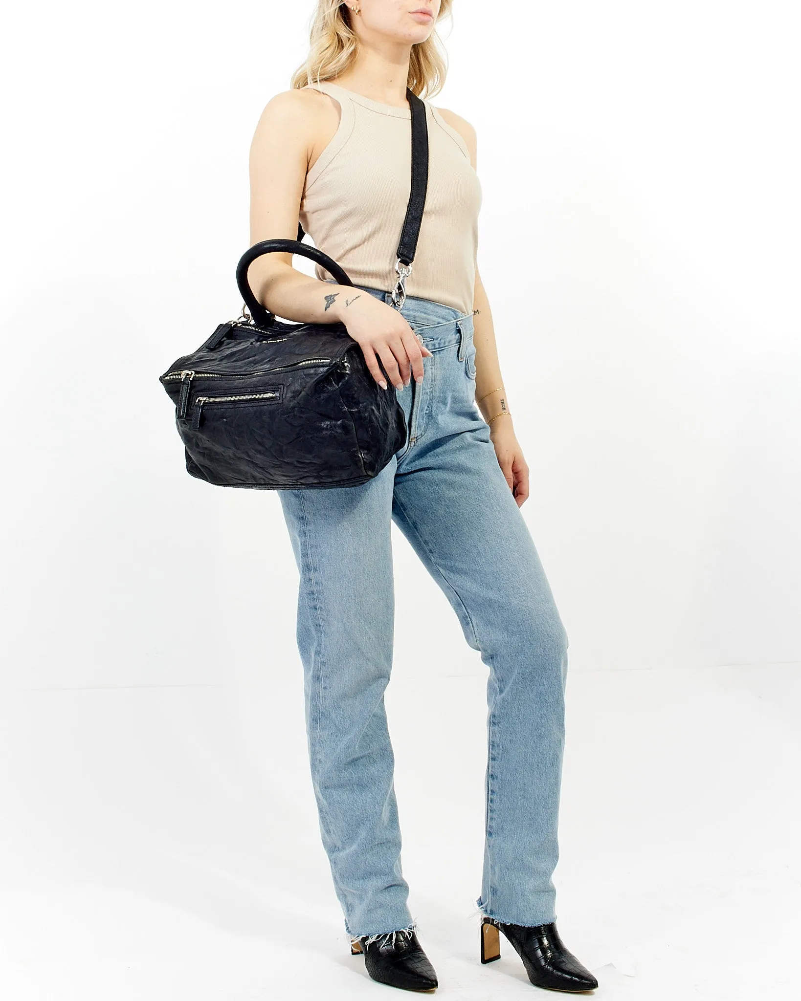Givenchy Black Distressed Leather Medium Pandora Bag