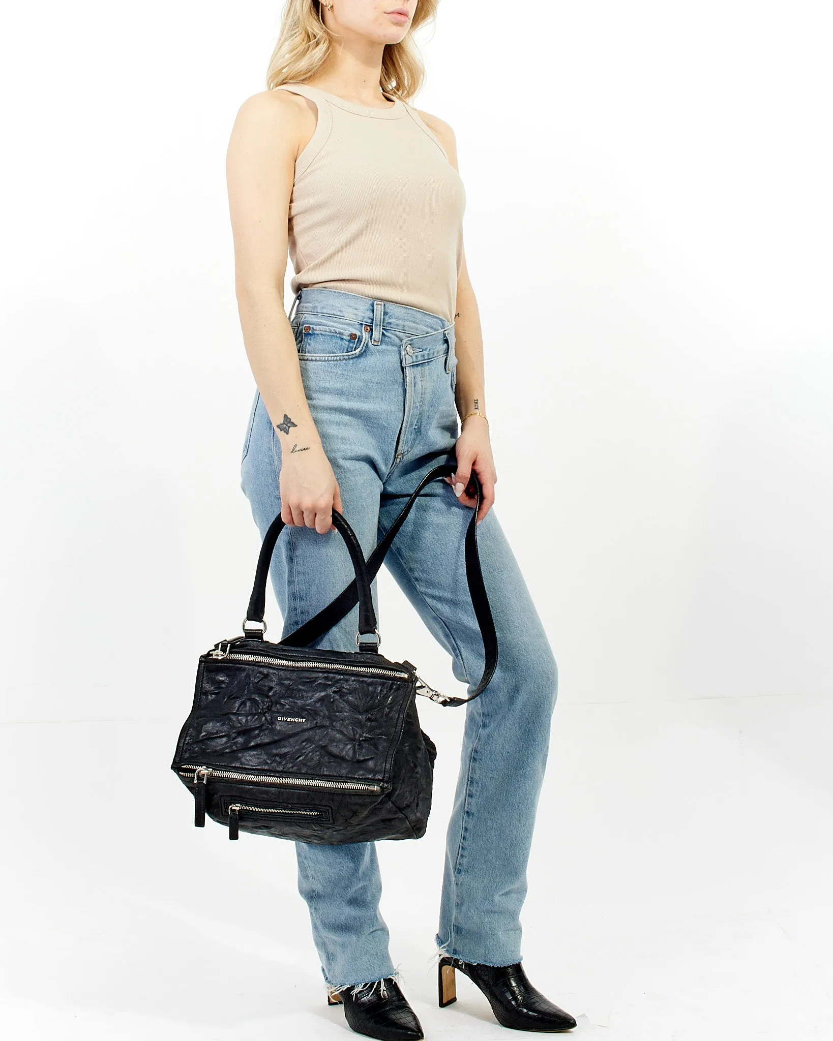 Givenchy Black Distressed Leather Medium Pandora Bag