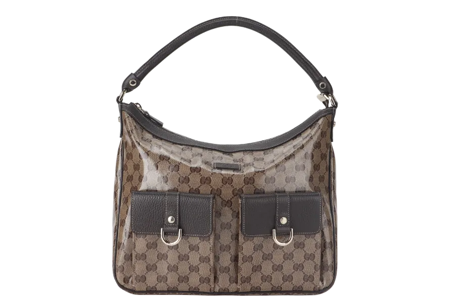 GUCCI (203581 201990) GG MEDIUM BROWN CRYSTAL LEATHER HOBO BAG GOLD HARDWARE WITH DUST COVER