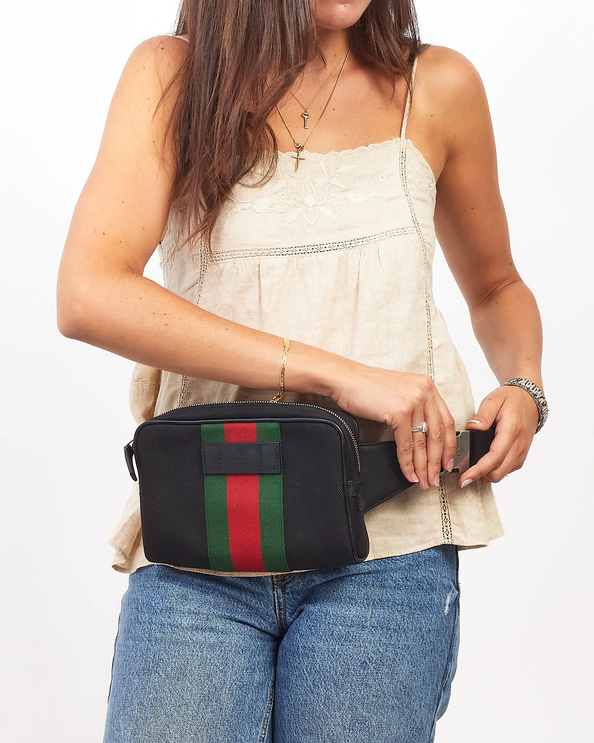 Gucci Black GG Canvas Web Detail Belt Bag