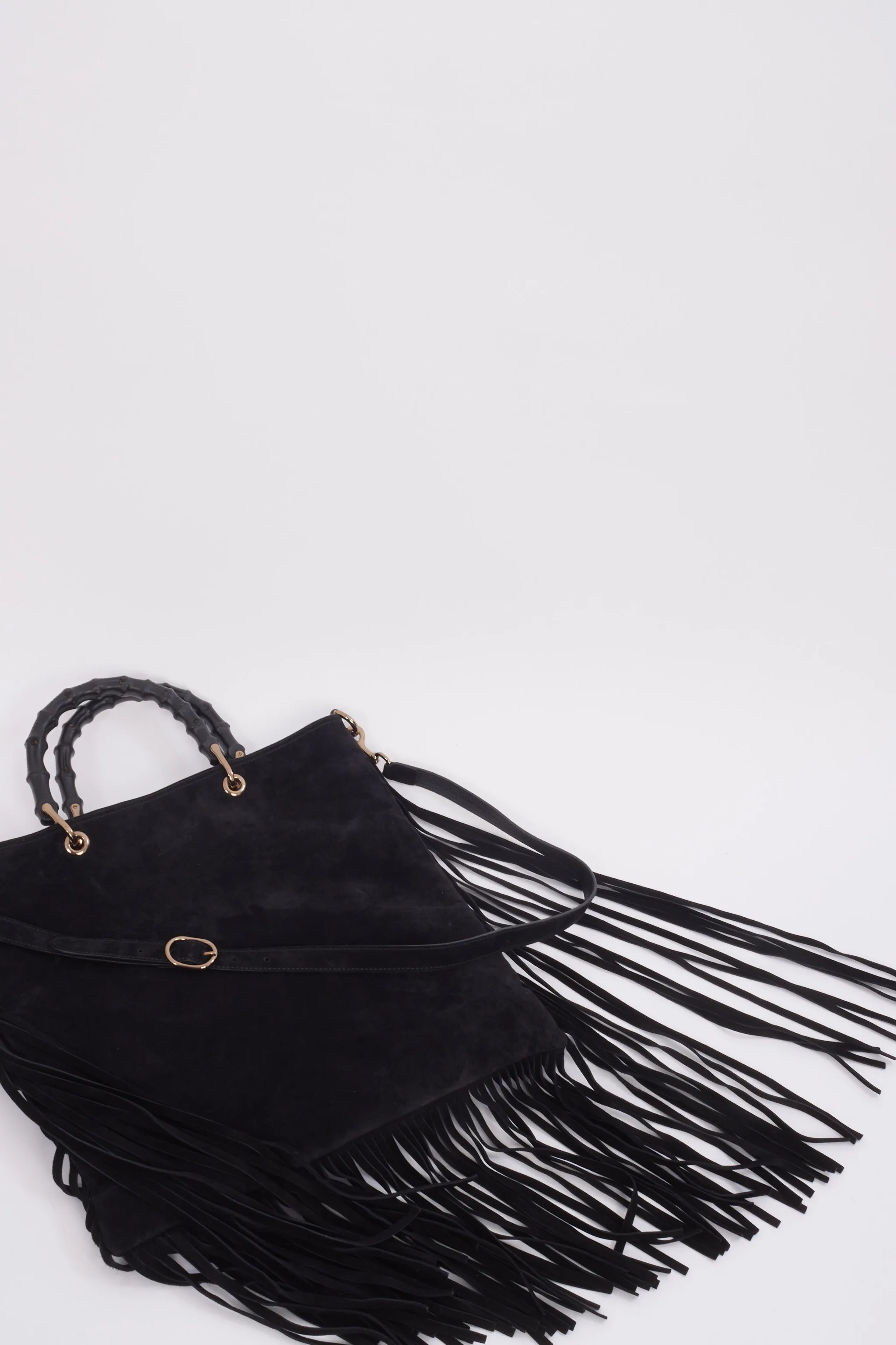 Gucci Black Suede Bamboo Fringe Shopper Tote