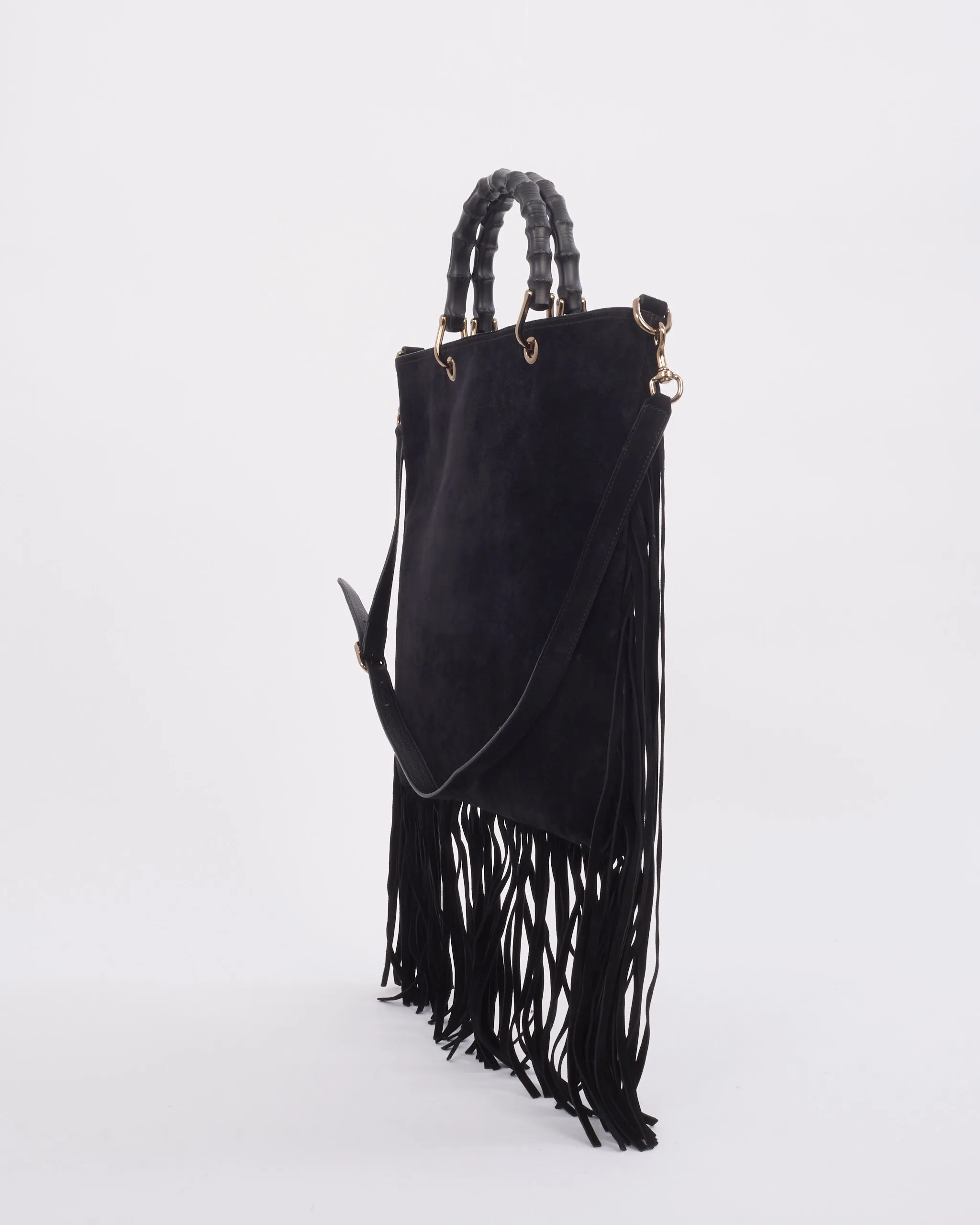 Gucci Black Suede Bamboo Fringe Shopper Tote