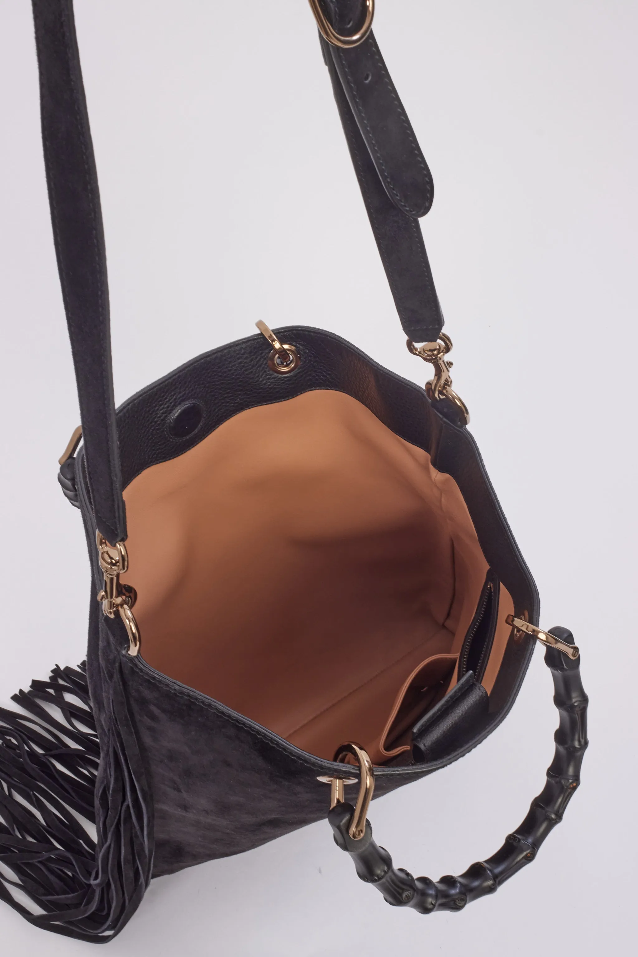Gucci Black Suede Bamboo Fringe Shopper Tote