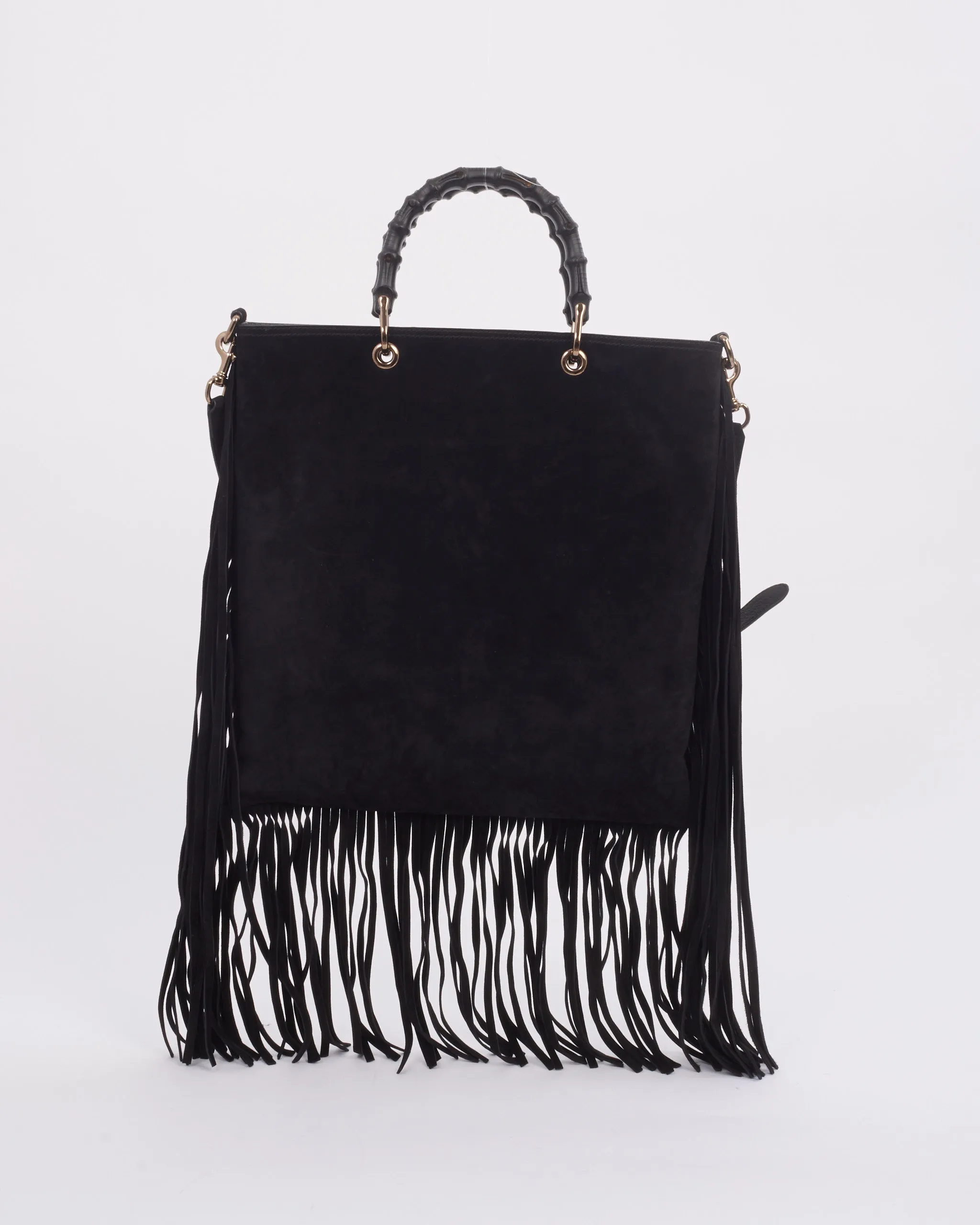 Gucci Black Suede Bamboo Fringe Shopper Tote