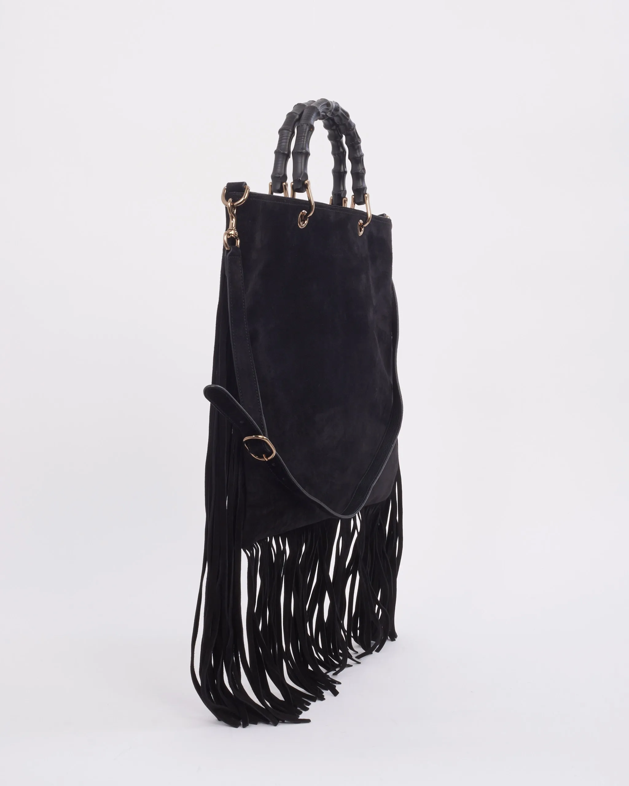 Gucci Black Suede Bamboo Fringe Shopper Tote