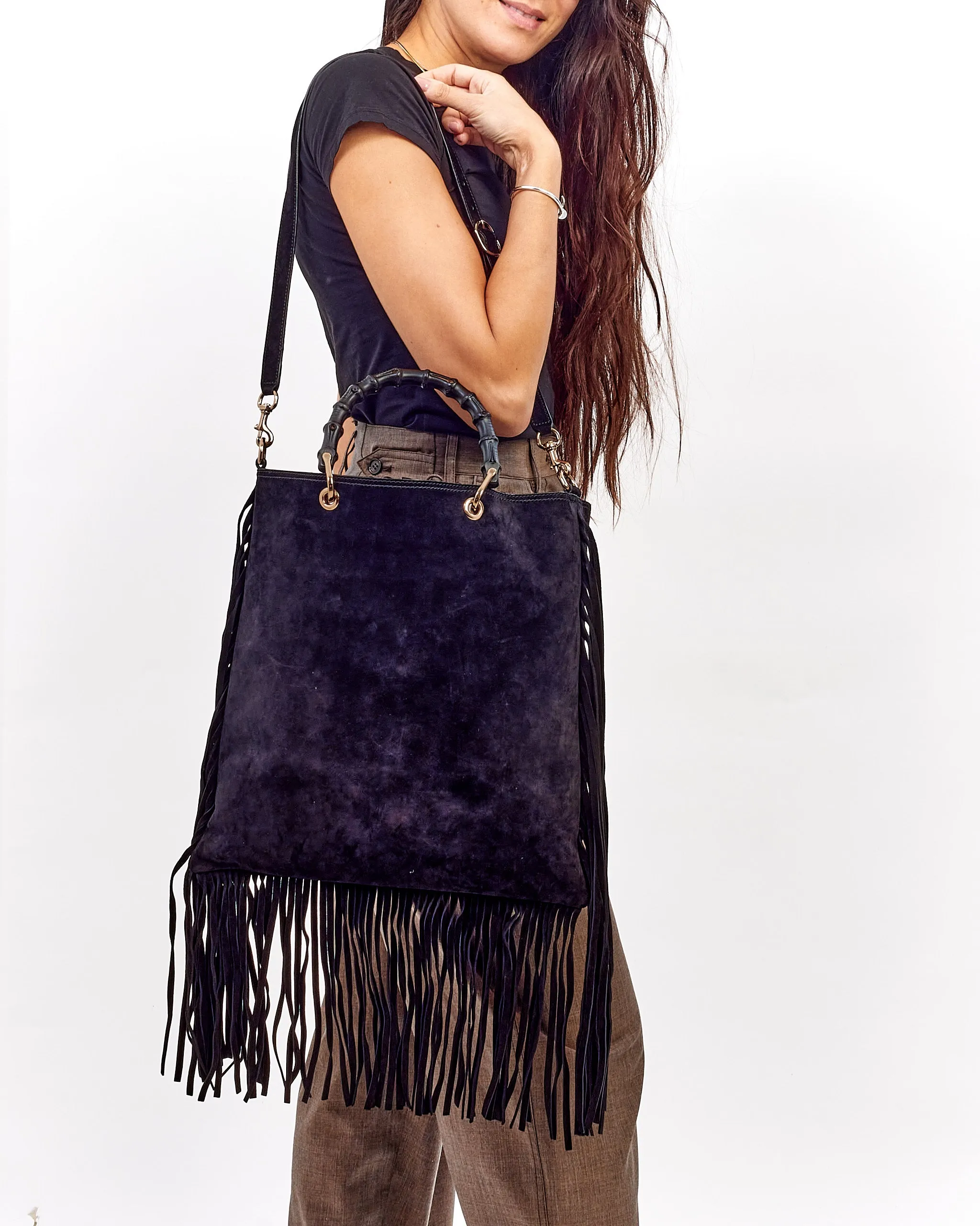 Gucci Black Suede Bamboo Fringe Shopper Tote