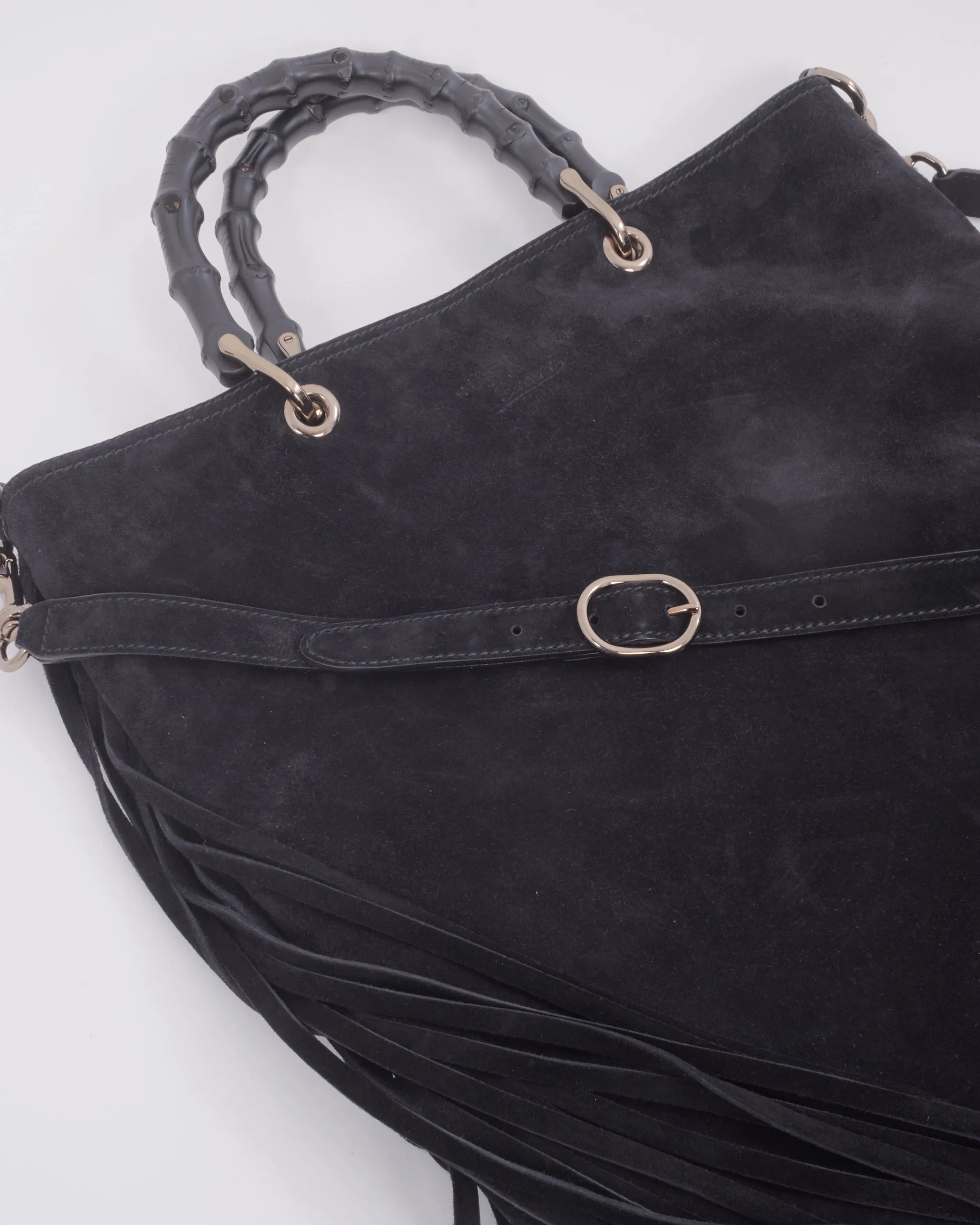 Gucci Black Suede Bamboo Fringe Shopper Tote