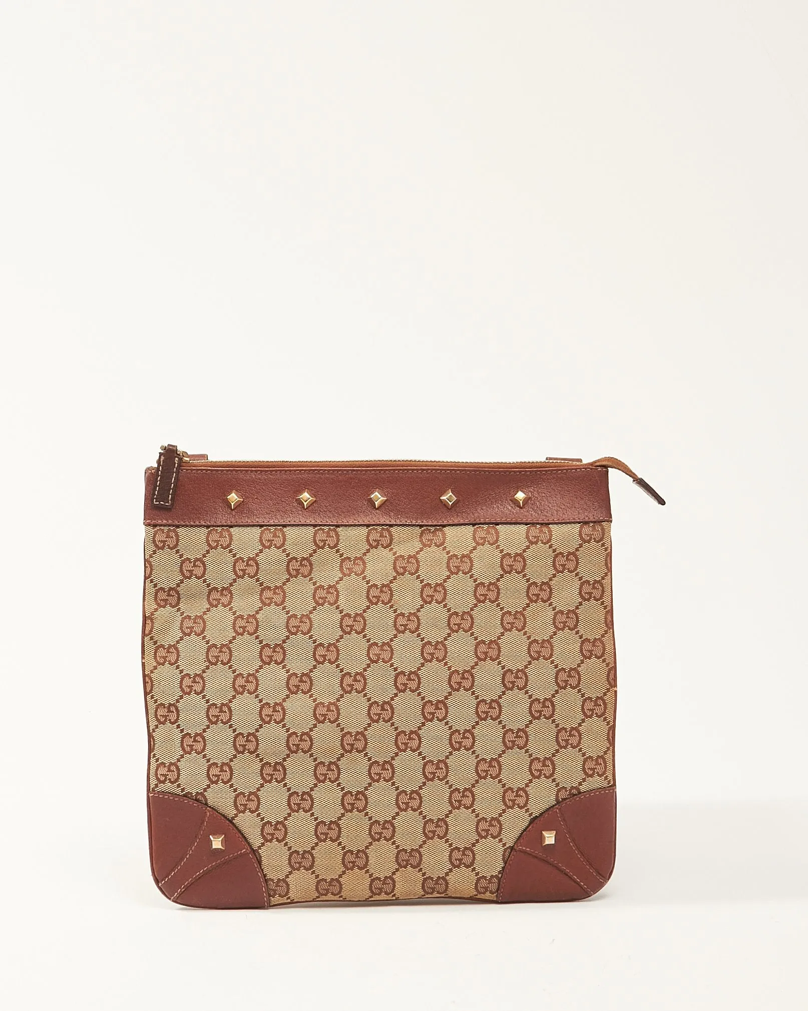 Gucci Brown GG Monogram Canvas Studded Crossbody Bag