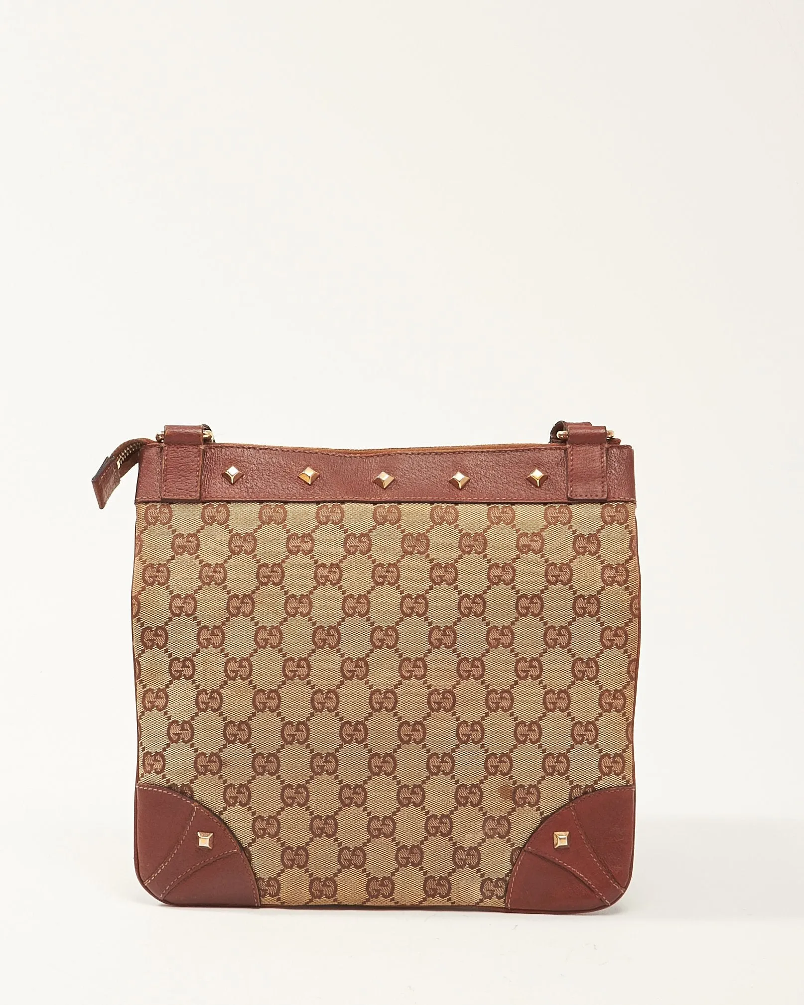 Gucci Brown GG Monogram Canvas Studded Crossbody Bag