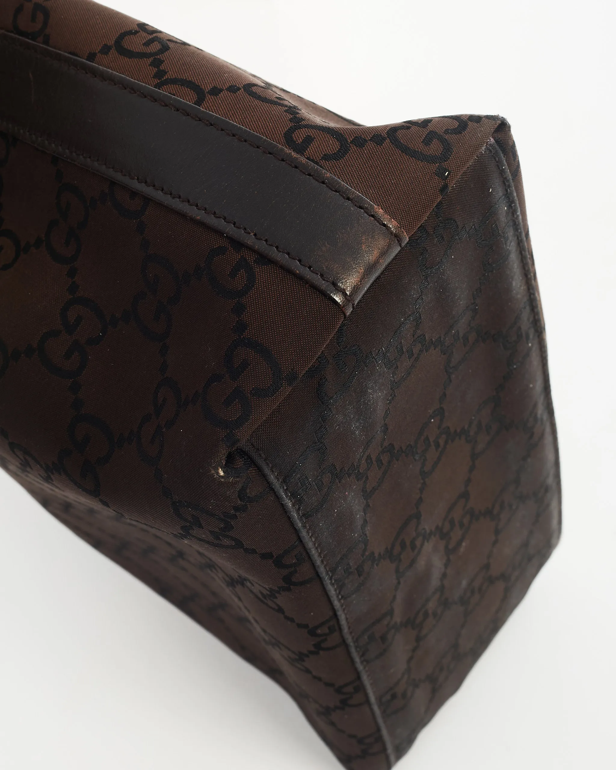 Gucci Brown Nylon Monogram Clasp Hobo Shoulder Bag