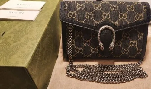 Gucci Dionysus GG Mini Shoulder Bag Black Denim Crossbody Handbag Italy New